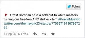 Tweets aimed at Pravin Gordhan