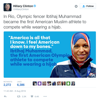 Hilary Clinton tweets about first woman wearing hijab in sports