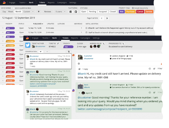 BrandEye's social customer care platform, Engage, prioritises your most important customer conversations, optimising your customer care workflow. This allows your customer-facing agents to focus on serving customers without worrying about finding the important tickets in a messy queue.