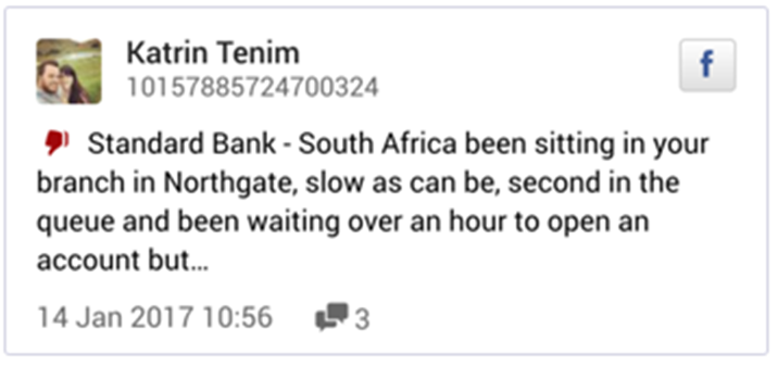 Facebook post commenting on service at a retail bank