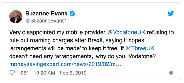 UK telecoms-brexit-roaming-analysis-tweet-suzanne-evans